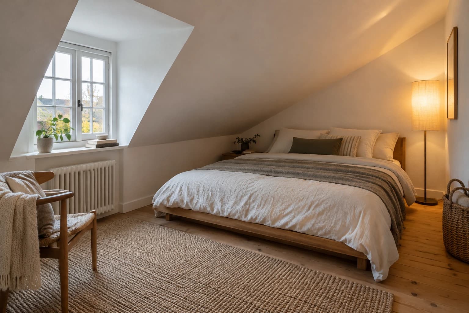 Attic bedroom with low bed beneath a slope and floor lamp in the tall corner