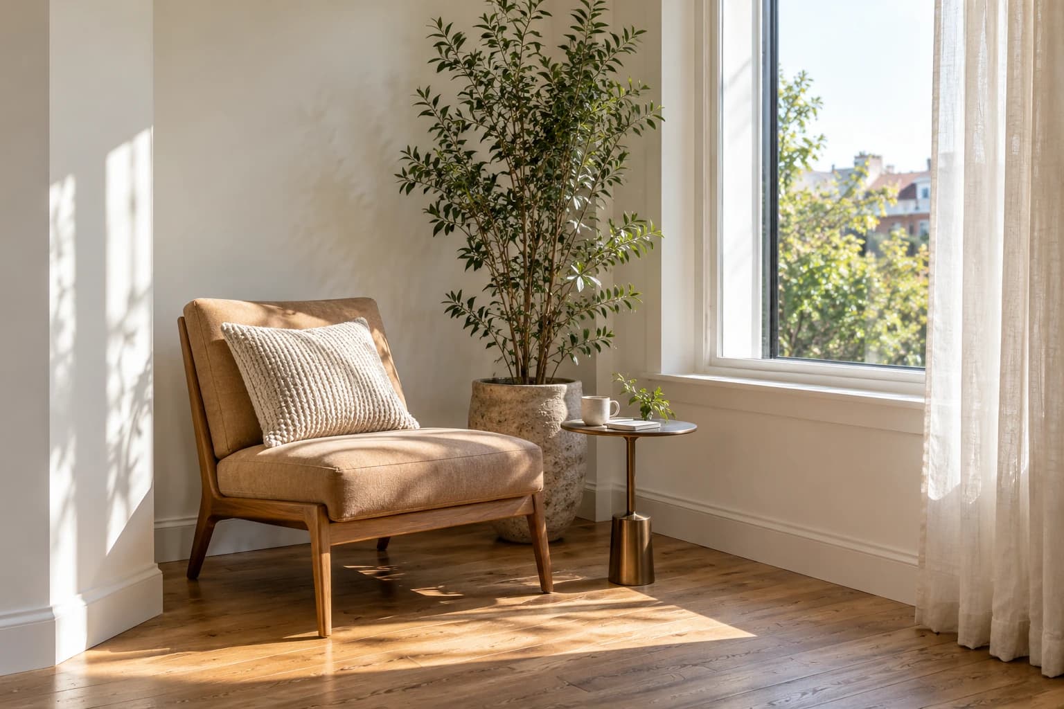 Bright apartment corner with one lounge chair, plant and clear window