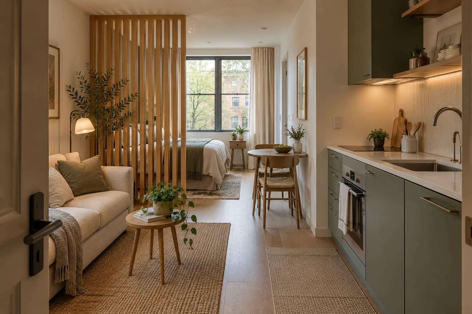 Compact studio with sleeping and living zones separated by open wood slats