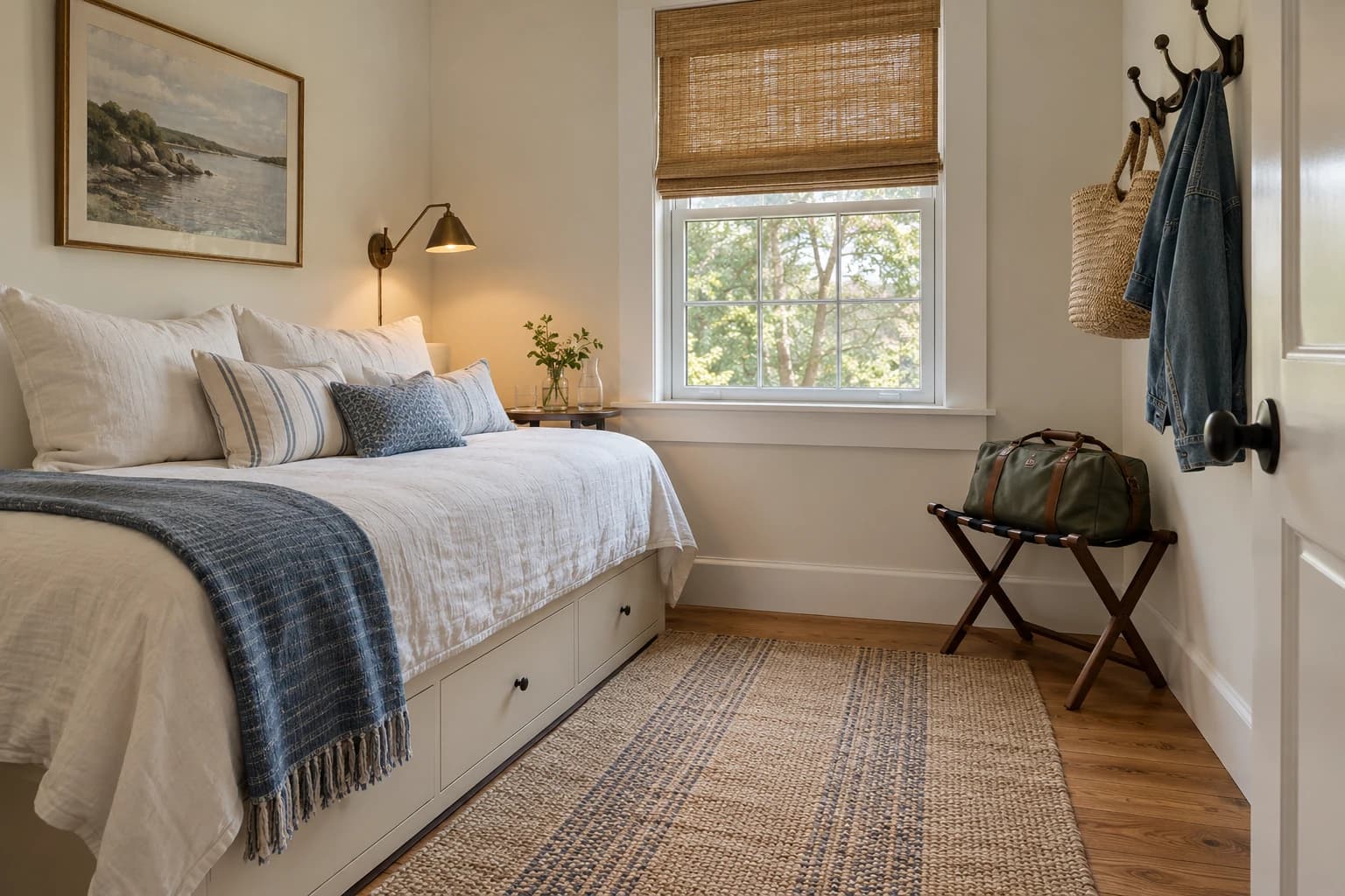 Small guest room with a daybed, reading light and folding luggage rack