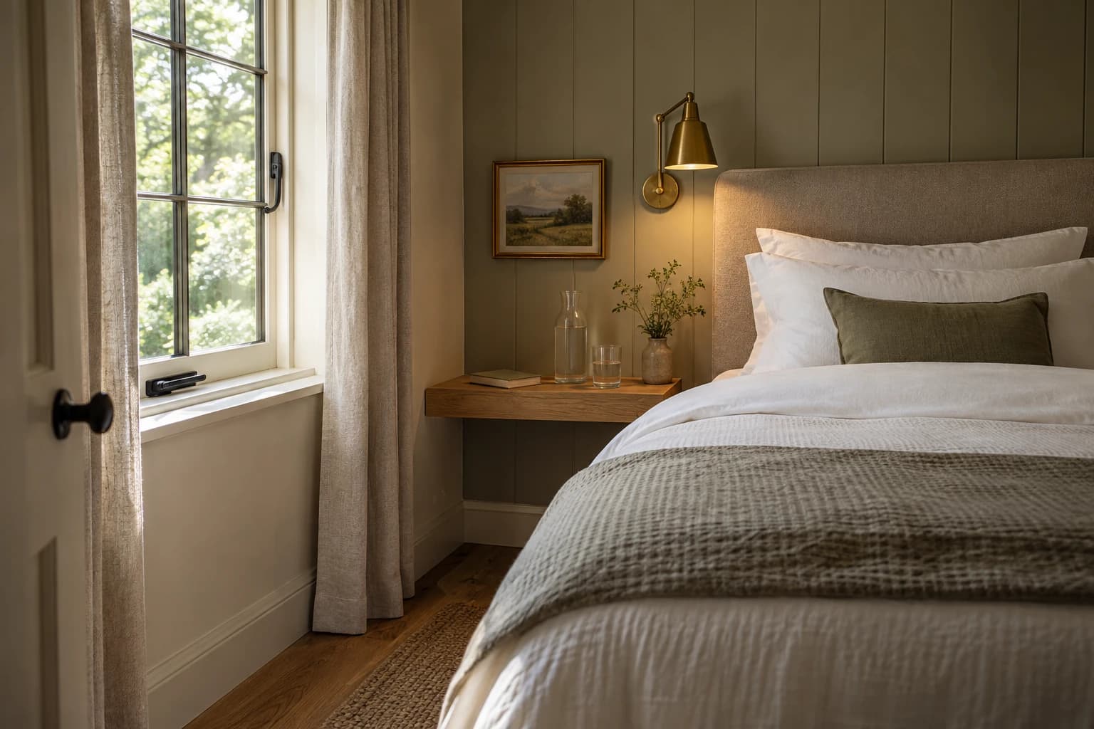 Guest bedside shelf with water, a book and a wall reading light