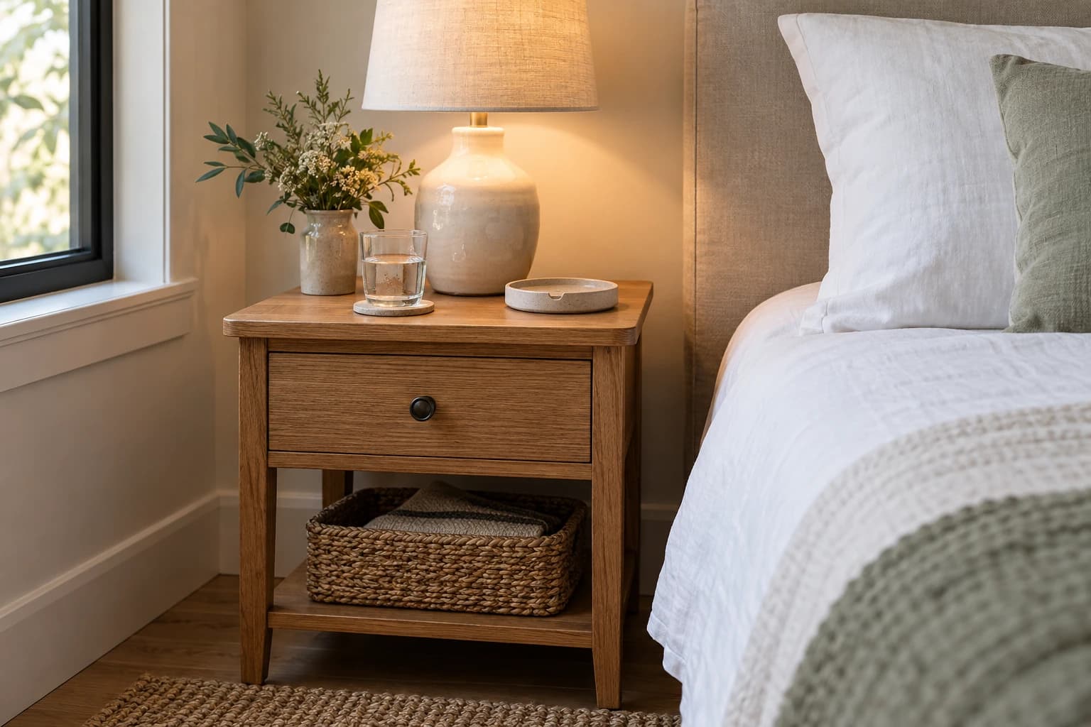 Guest nightstand with a reading lamp, water and fresh linen