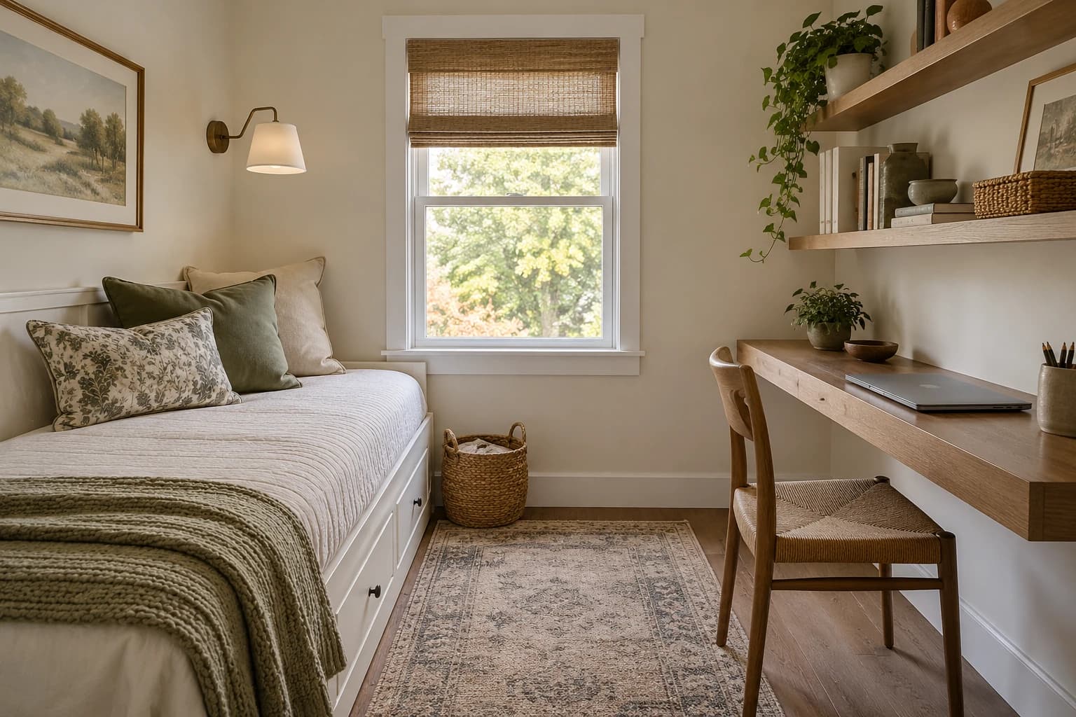 Small guest room combining a daybed, wall desk and tucked-in chair
