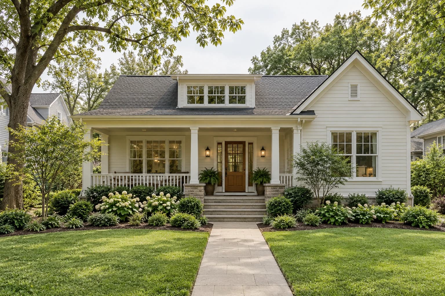 Modest suburban house with a covered porch, neat garden and clear front walk