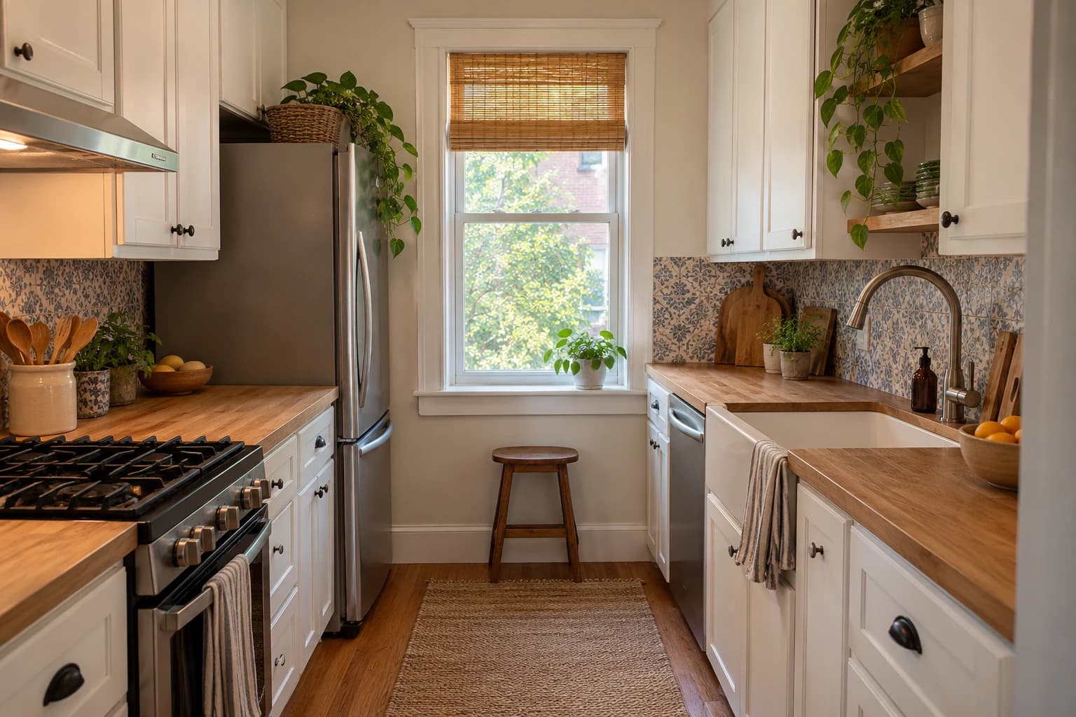 Small galley kitchen with a patterned backsplash and wood counters