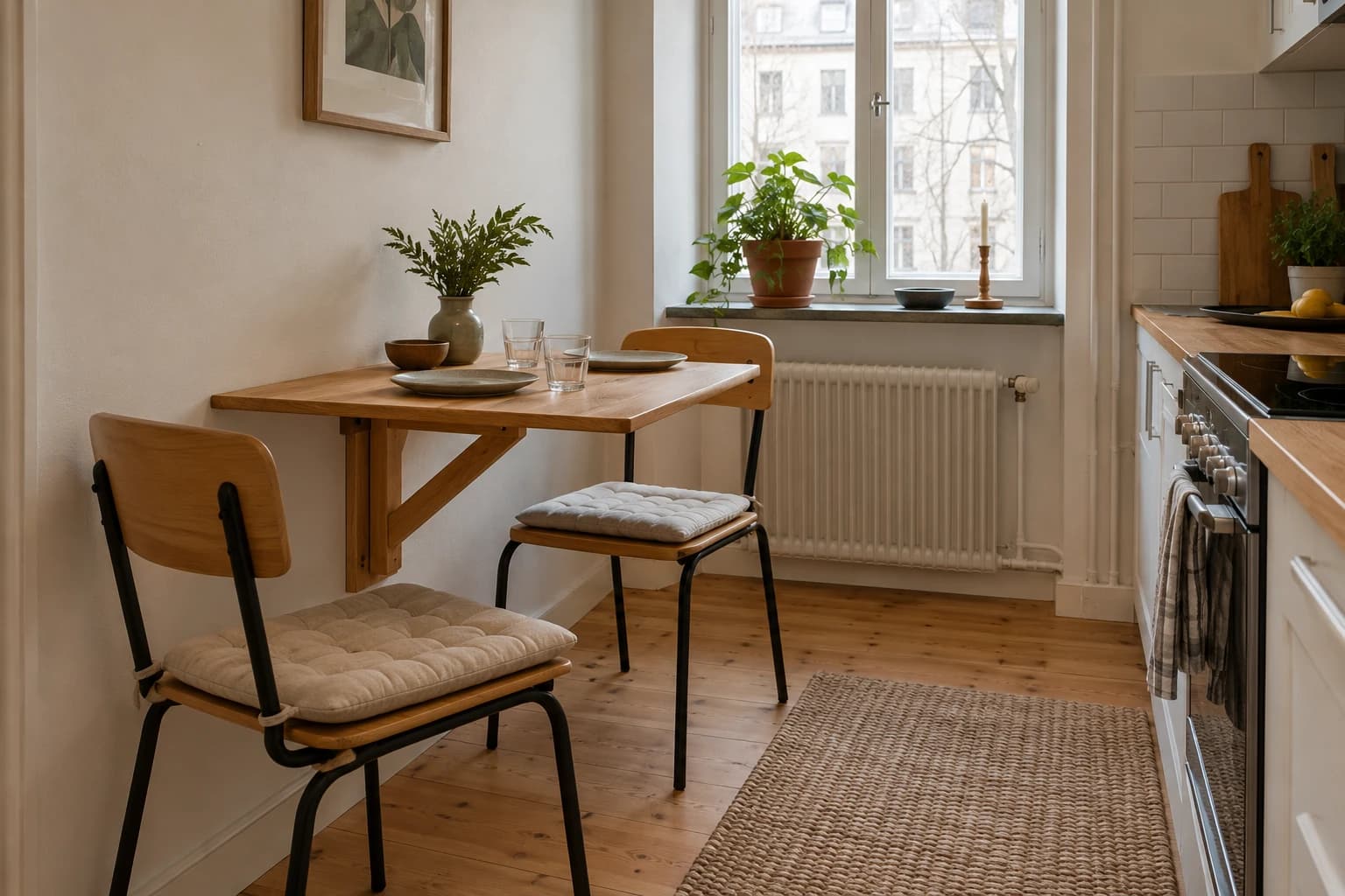 Wall-mounted drop-leaf table providing a small kitchen dining spot