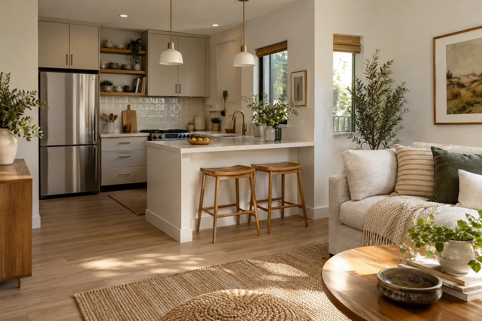 Apartment kitchen peninsula with two tucked-in stools