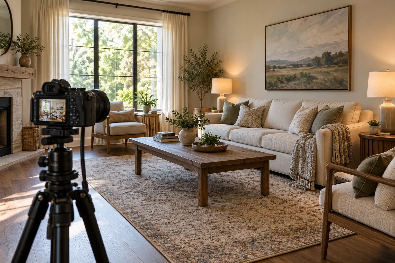 Camera on a tripod facing a prepared living room with daylight and softly lit lamps