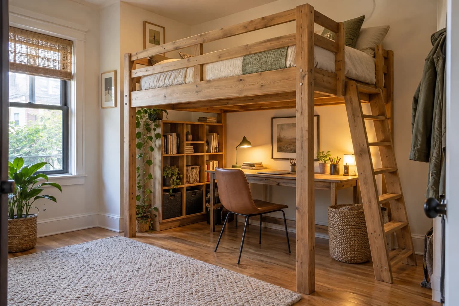 Sturdy loft bed with guardrails, ladder, desk and cube storage below