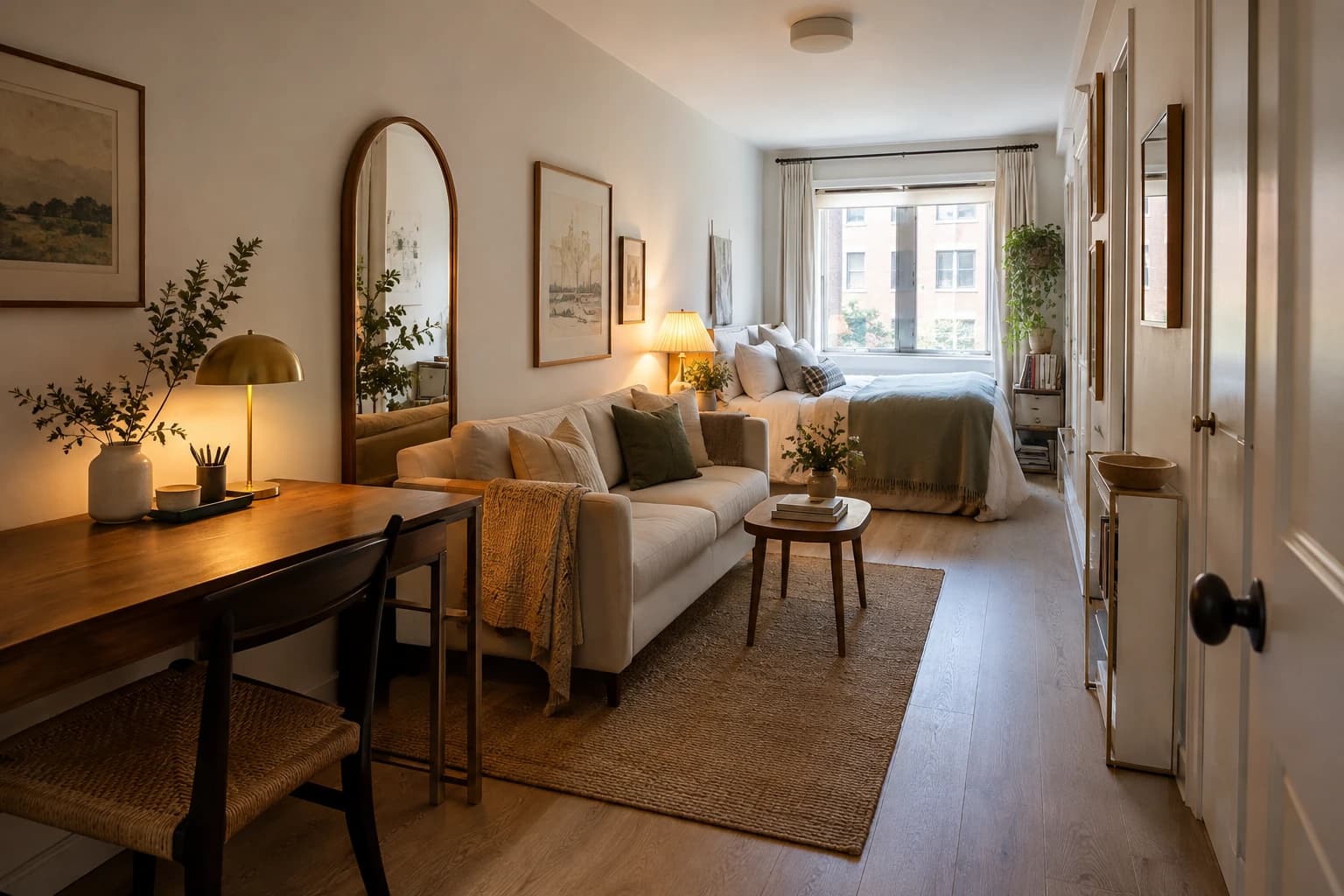 Long narrow studio with bed at the far end and a clear side walkway