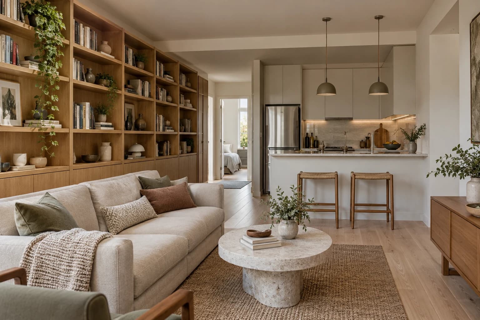 Open-plan apartment with oak shelving, closed storage and kitchen stools