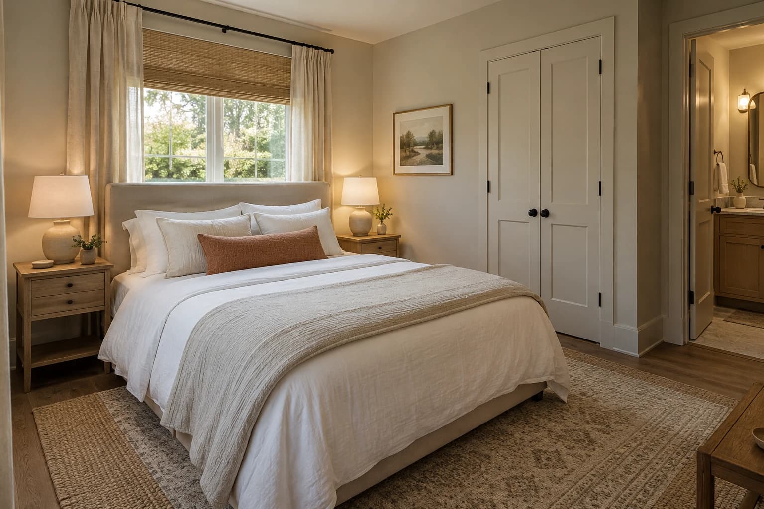 Compact primary bedroom with matching lamps, closet doors and ensuite access