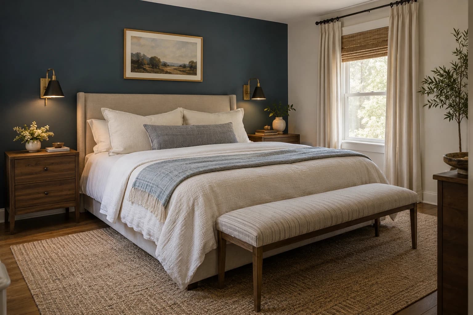Compact bedroom with a blue headboard wall, reading sconces and slim bench