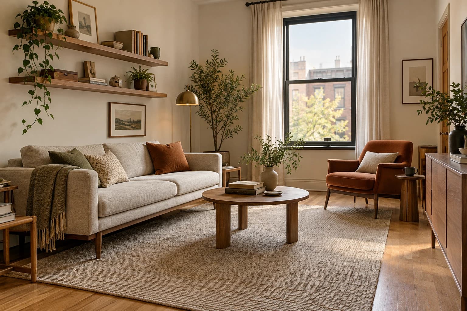 Compact apartment living room with raised-leg furniture and a clear walkway