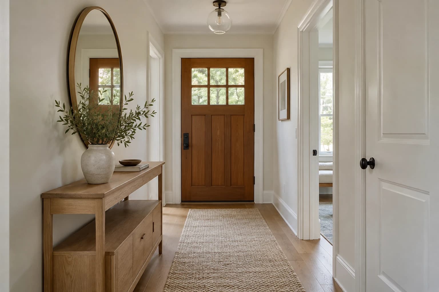 Uncluttered home entry with an oval mirror, narrow console and runner
