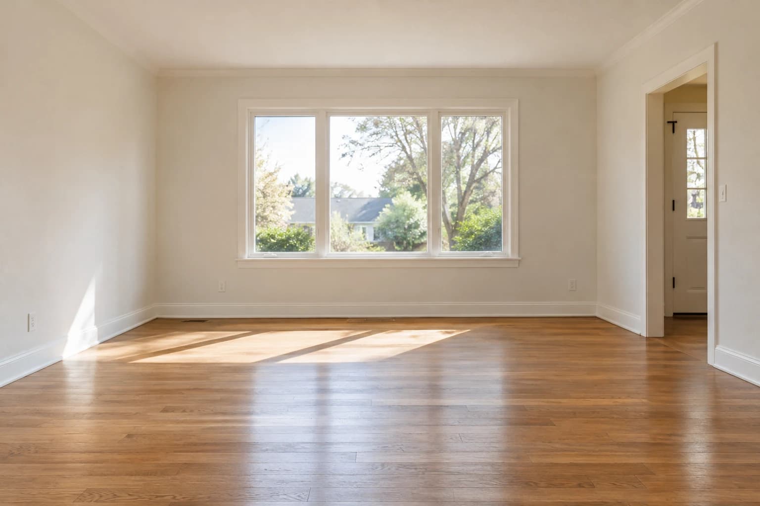 Empty living room with oak flooring, a three-pane window and an open doorway