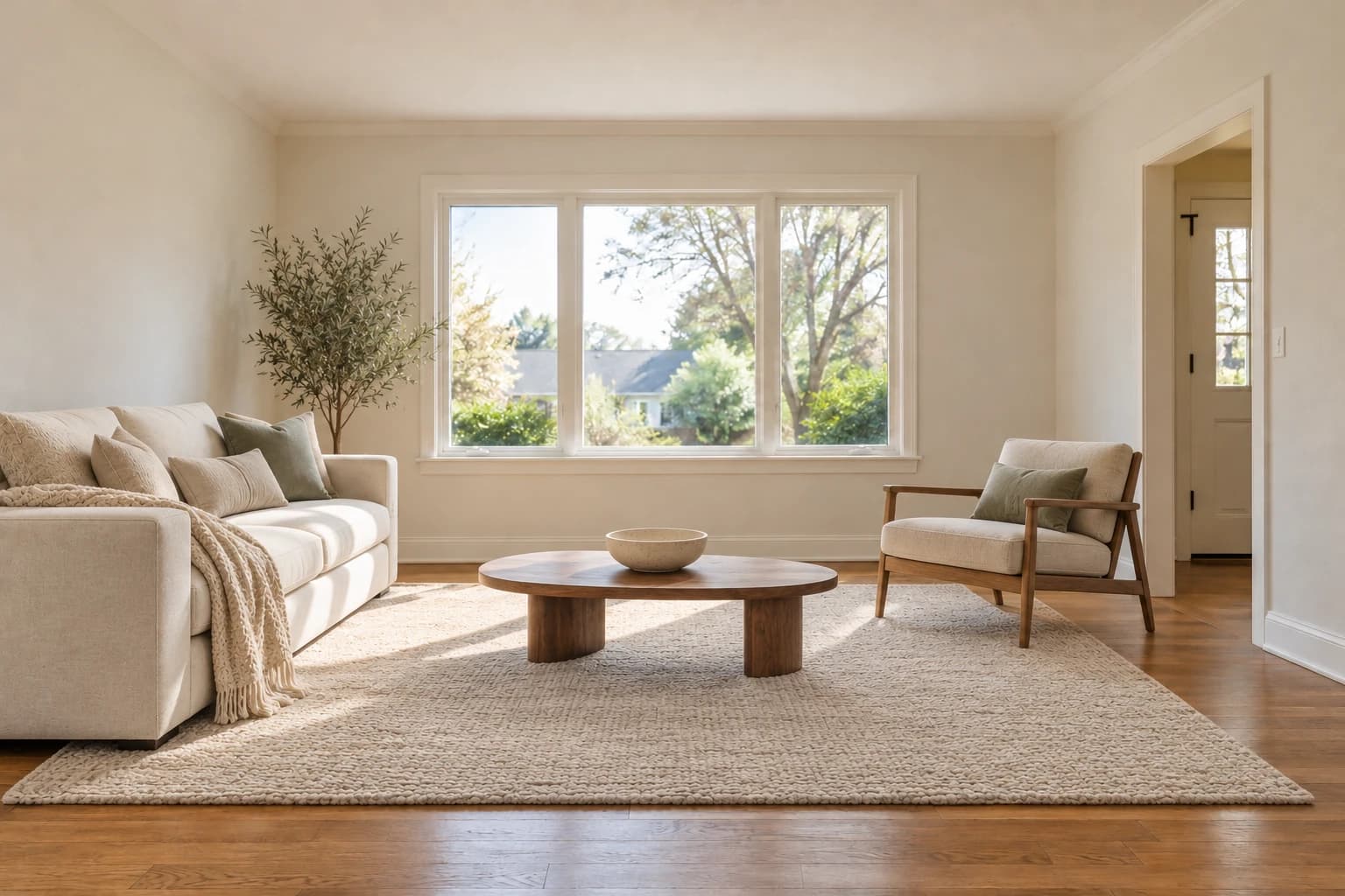 The same oak-floored living room with a digitally added linen sofa, armchair, rug and coffee table