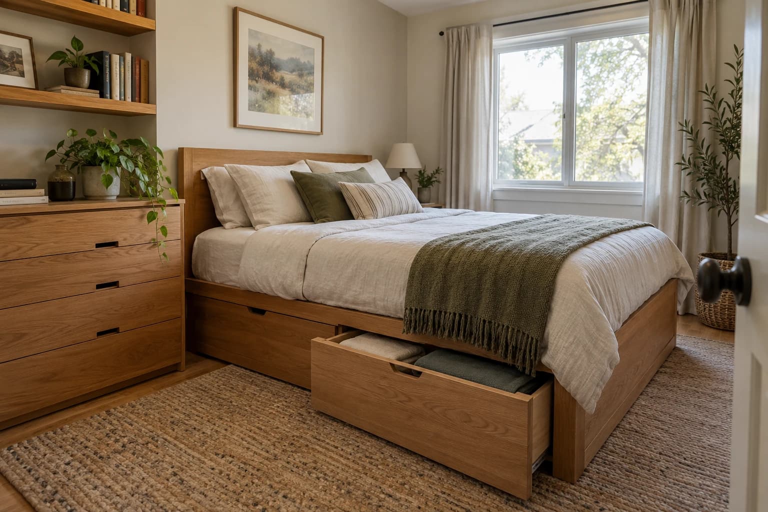 Platform bed with linen drawers and wall shelves in a compact bedroom