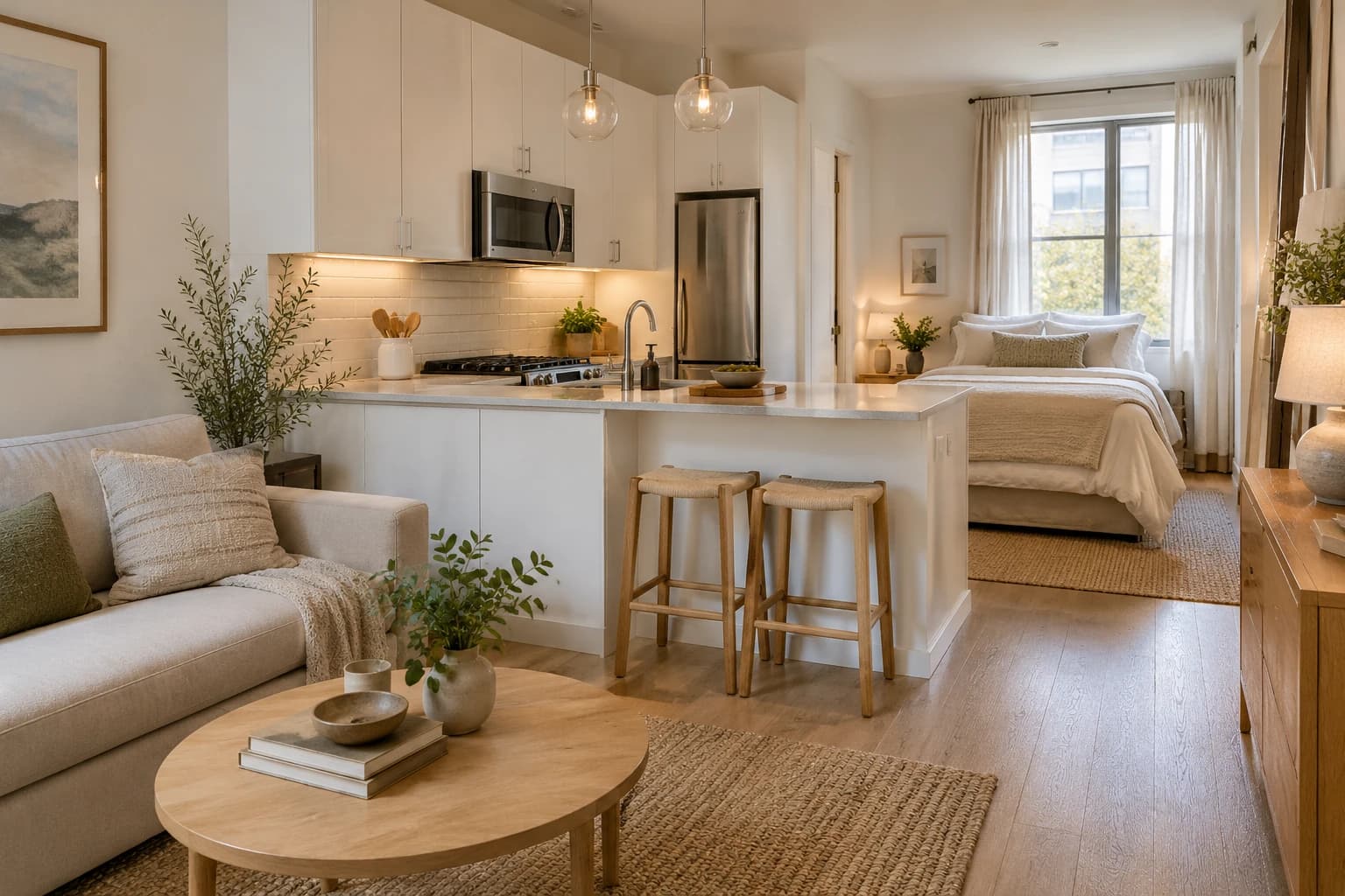 Studio kitchen peninsula marking the boundary to a sleeping alcove