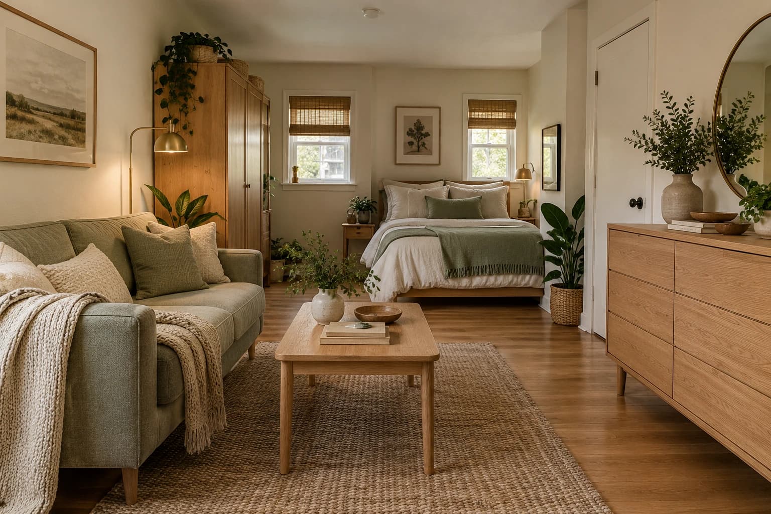 Bed and sofa in a studio sharing a cream, sage and oak palette