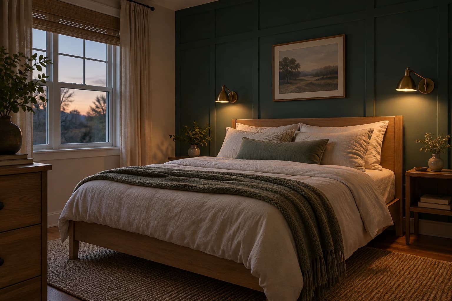 Teal paneled bedroom with warm wall reading lights and pale linen