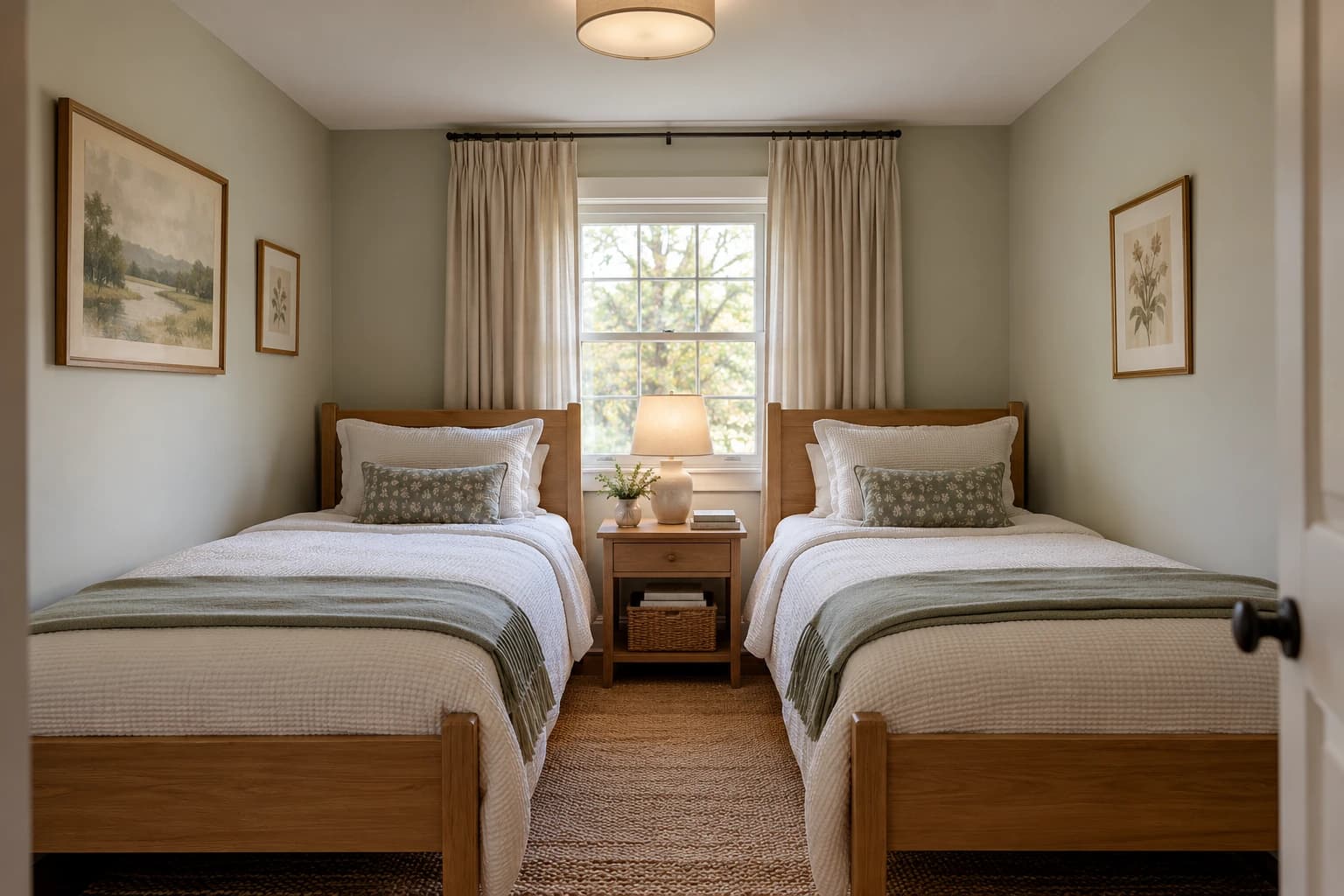 Low-ceilinged twin guest room with high curtains and simple beds